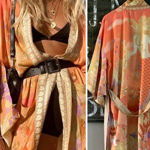 New Boho Floral Kimono Blue Maxi Duster Jacket Swim Beach Cover-Up Dress Top